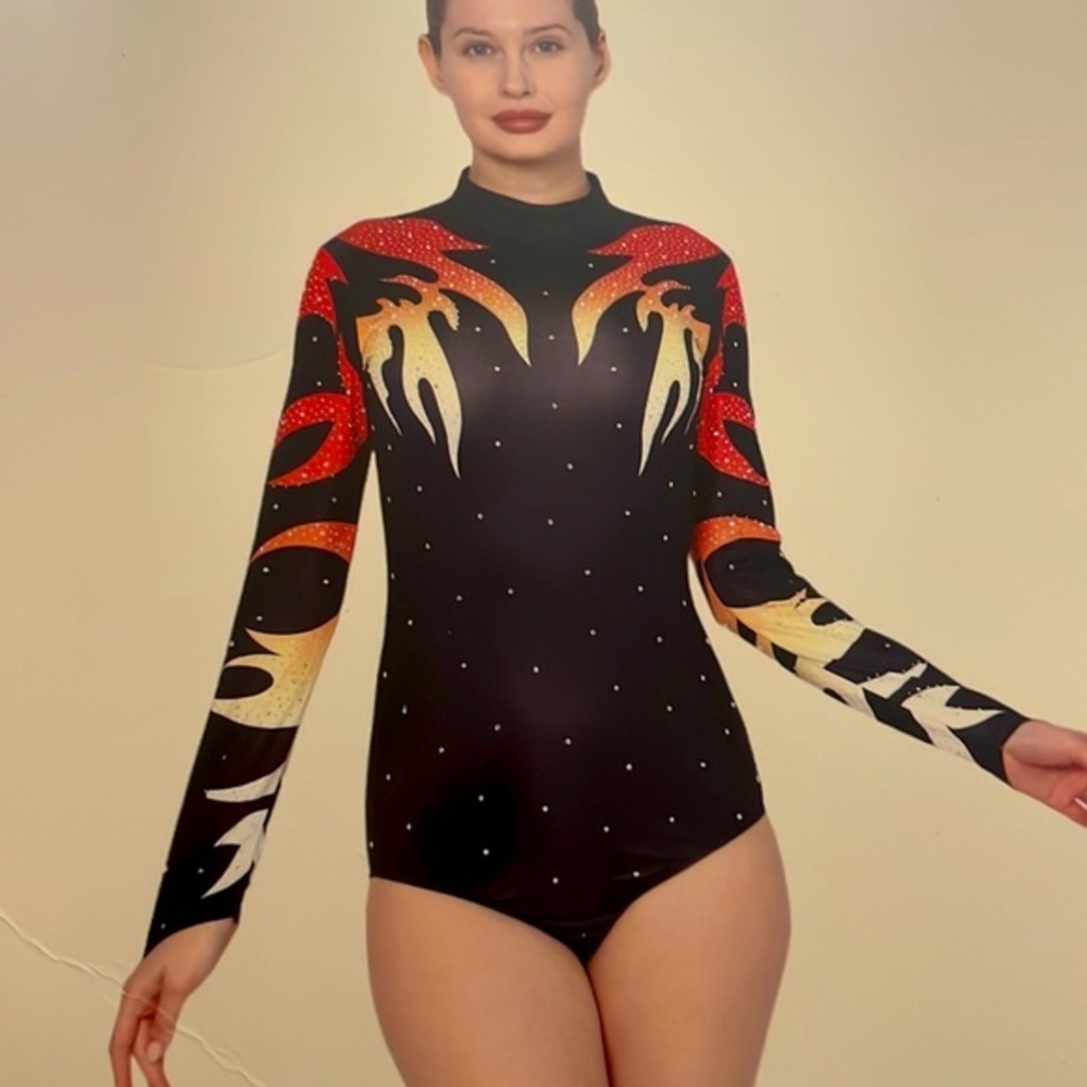 Fire bodysuit woman’s black sparkle yellow orange flame snap one piece top New